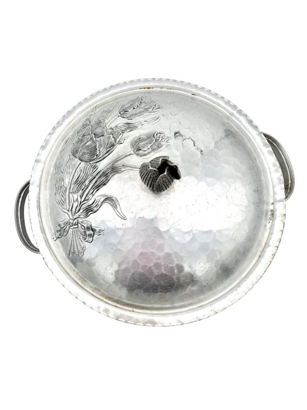 Hand Forged Everlast Metal Covered Dish Silver Tulip Dogwood Design Aluminum 9"D